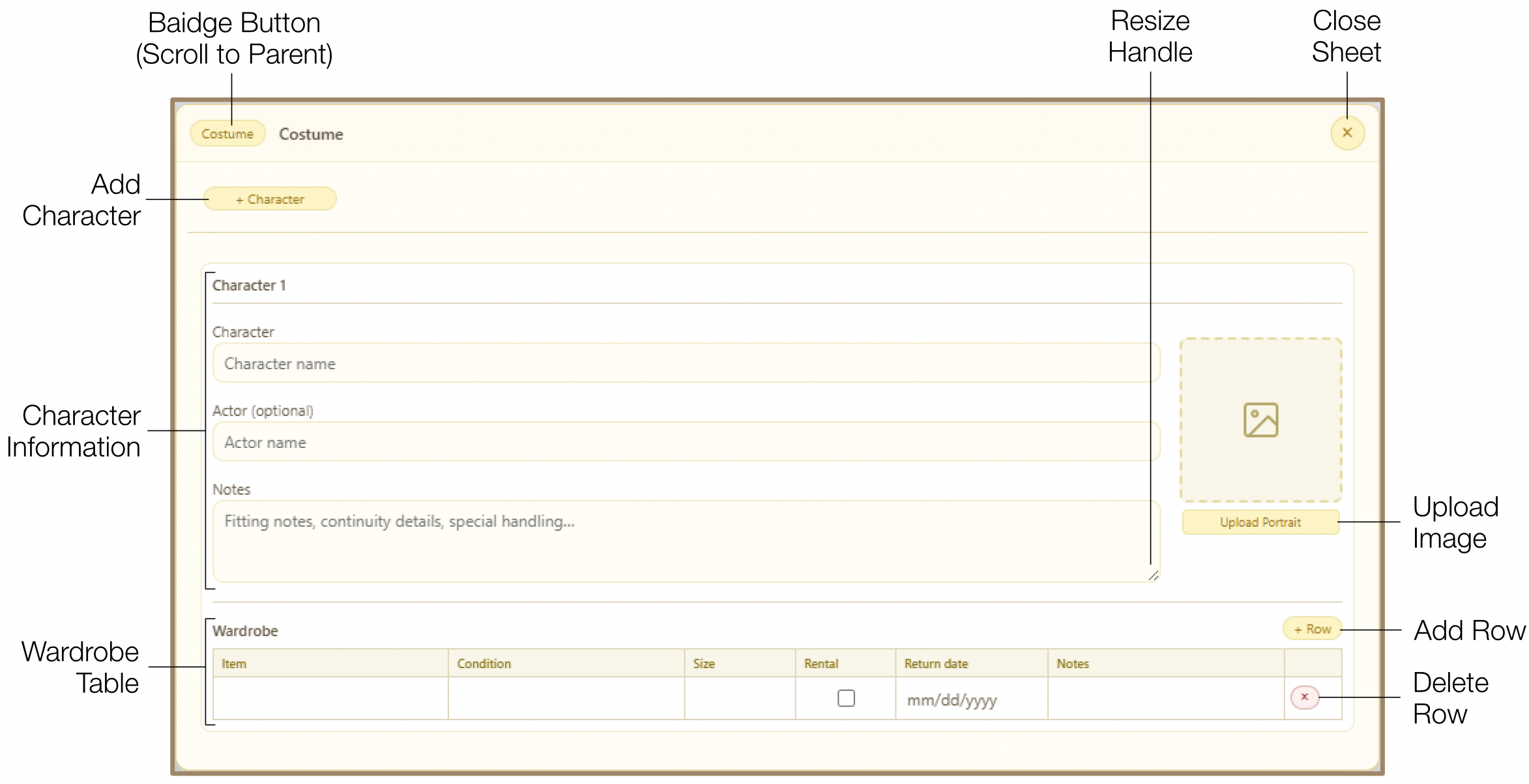 Costume spreadsheet Character Information with portrait and wardrobe table